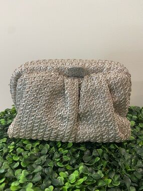 Olga Berg Silver Woven Pleat-Front Clutch
